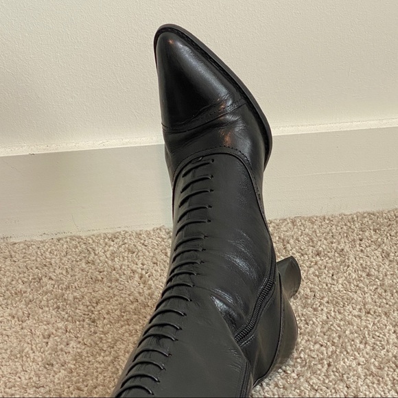 Vintage Victorian Style Via Spiga Black Genuine Patent Leather Laced Tall Boots - Picture 7 of 15
